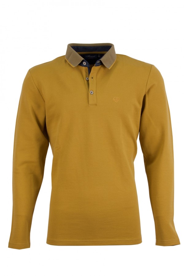 Мъжка блуза тип polo shirt с плетена яка и детайли от допълнителен плат, цвят - горчица