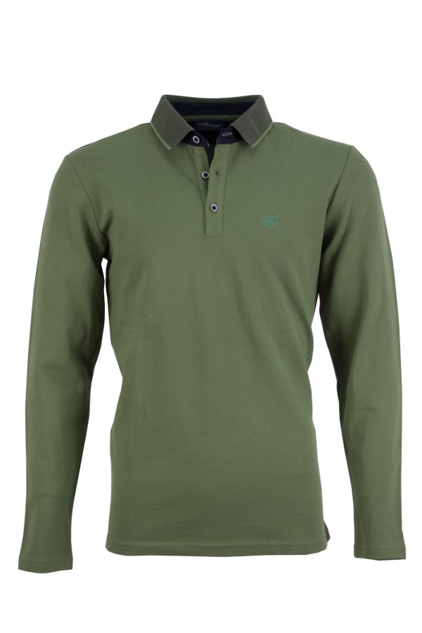 Мъжка блуза тип polo shirt с плетена яка и детайли от допълнителен плат, цвят - зелен каки