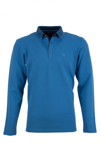 Мъжка блуза тип polo shirt с плетена яка и детайли от допълнителен плат, цвят - син