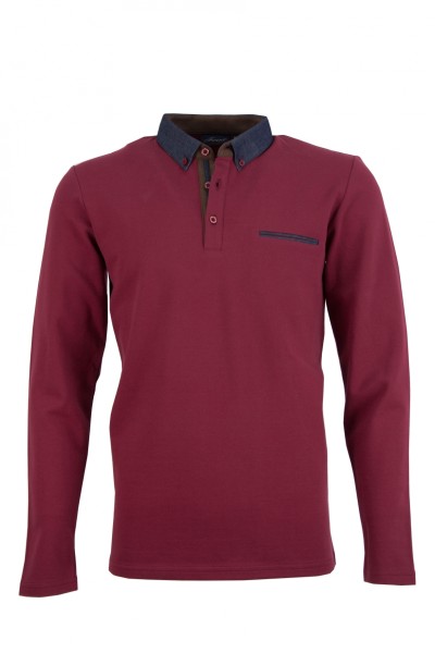 Мъжка блуза тип polo shirt с детайли от дънков плат и алкантара, цвят - бордо