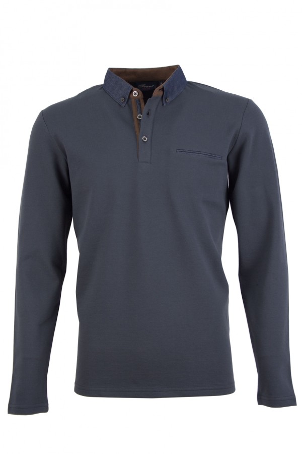 Мъжка блуза тип polo shirt с детайли от дънков плат и алкантара, цвят - антрацит