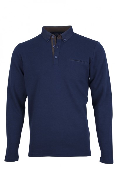 Мъжка блуза тип polo shirt с детайли от дънков плат и алкантара, цвят - тъмносин