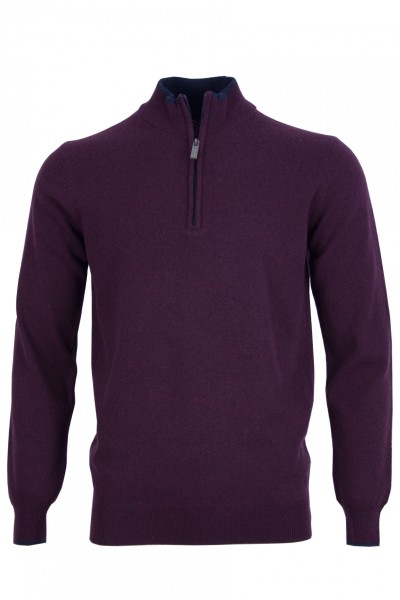 Мъжки пуловер вълна с висока яка с цип, цвят - бордо