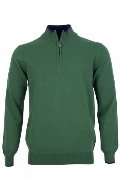 Мъжки пуловер вълна с висока яка с цип, цвят - трева