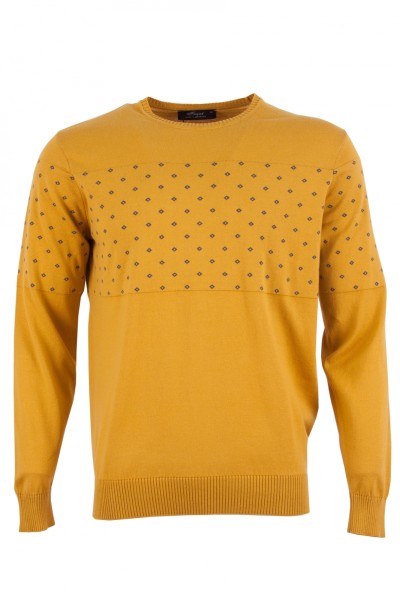 Мъжки пуловер с жакард от допълнителен цвят на гърди и ръкави , цвят - старо злато