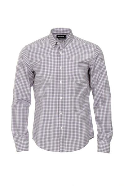 Мъжка риза С7 с фалта на гърба бяло и лилаво каре 70 % ПАМУК - 30% ПОЛИЕСТЕР SLIM FIT с пенсове № XL