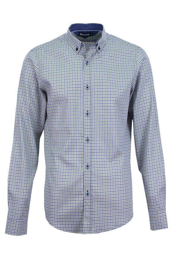 Мъжка риза с цветни детайли ИДИГО БЯЛО И ЗЕЛЕНО КАРЕ 100 % памук SLIM FIT № M Мъжка риза с цветни детайли ИДИГО БЯЛО И ЗЕЛЕНО КАРЕ 100 % памук SLIM FIT № M