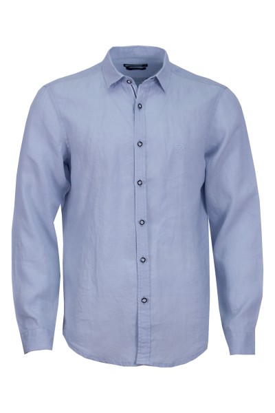 Мъжка риза с декоративна лента на канона ЛЕН СВЕТЛОСИНЯ 65 % лен - 35 % памук SLIM FIT № L