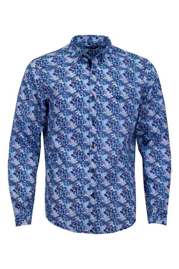 Мъжка риза с декоративна лента на канона ЛЕН ПРИНТ ЦВЕТЯ 65 % лен - 35 % памук SLIM FIT № M