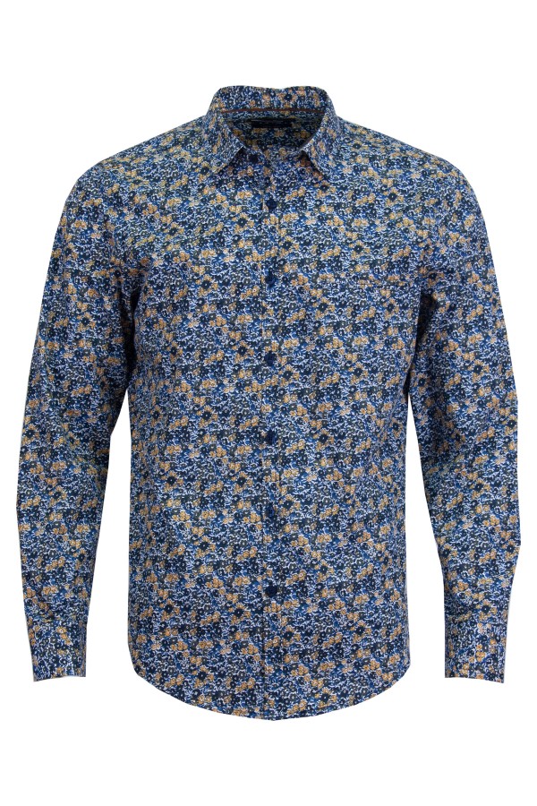 Мъжка риза ПРИНТ СИНИ И ЖЪЛТИ ЦВЕТЯ 100 % памук SLIM FIT № L