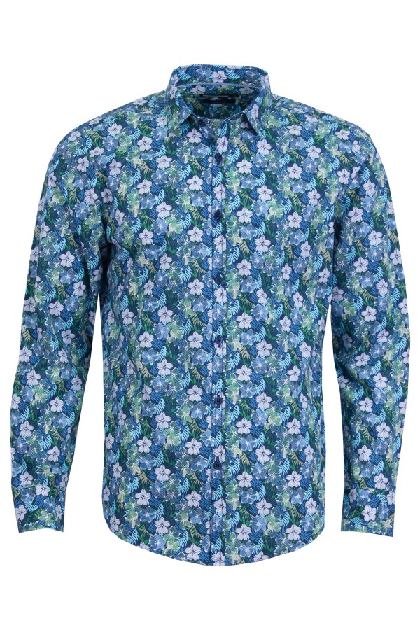 Мъжка риза ПРИНТ ЦВЕТЯ СИНИ И ЗЕЛЕНИ ТОНОВЕ 100 % памук SLIM FIT № L