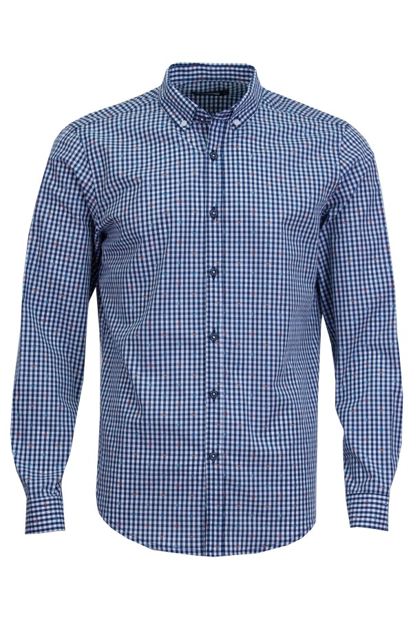 Мъжка риза цветен жакард БЯЛО И ТЪМНОСИНЬО КАРЕ 100 % памук SLIM FIT № L