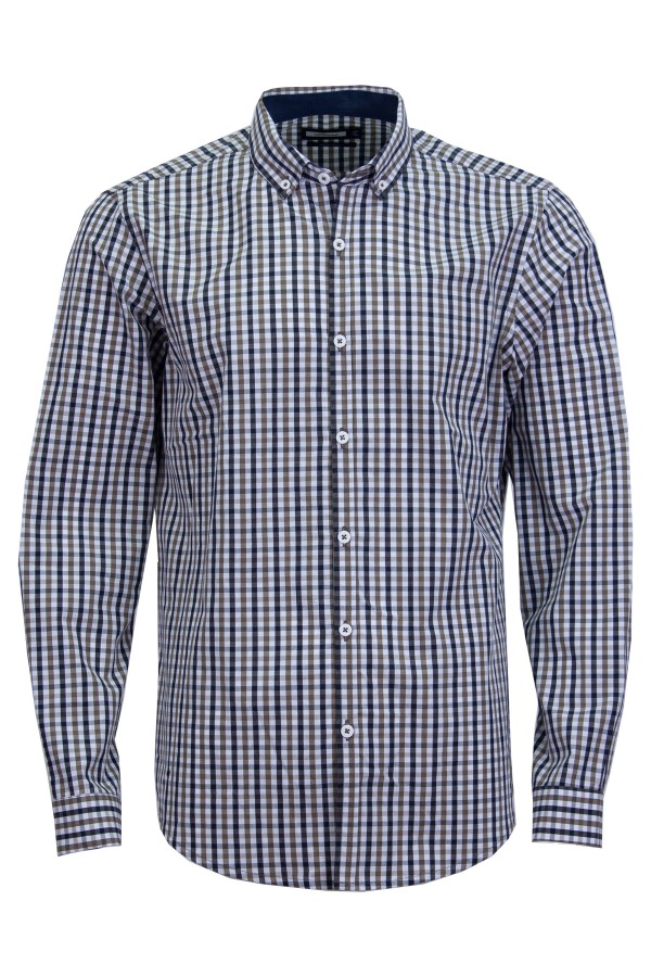 Мъжка риза C1А с фалта КАРЕ ИНДИГО И ТАУПЕ SLIM FIT № L