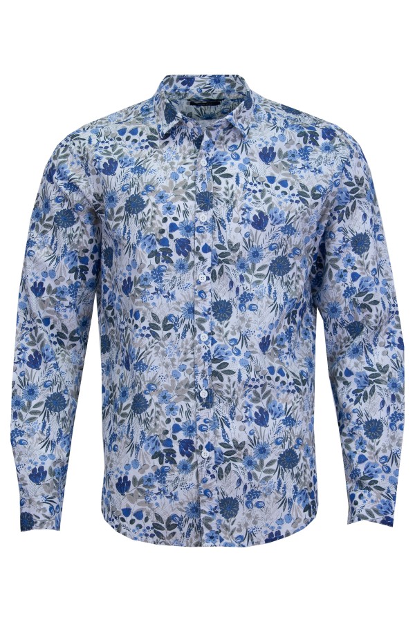 Мъжка риза дълъг ръкав ЛЕН БЯЛА ПРИНТ SLIM FIT № M