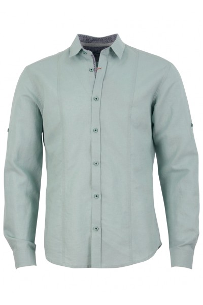 Мъжка риза лен дълъг ръкав със срязвания цвят светлозелен