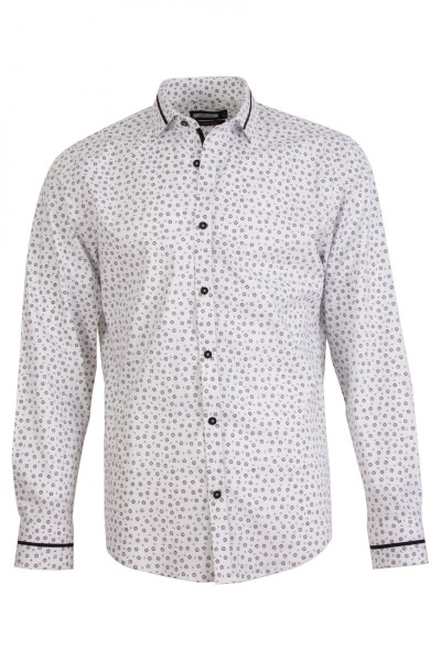 Мъжка риза с контрастен кант по средата на яка и маншети цвят - бял принт