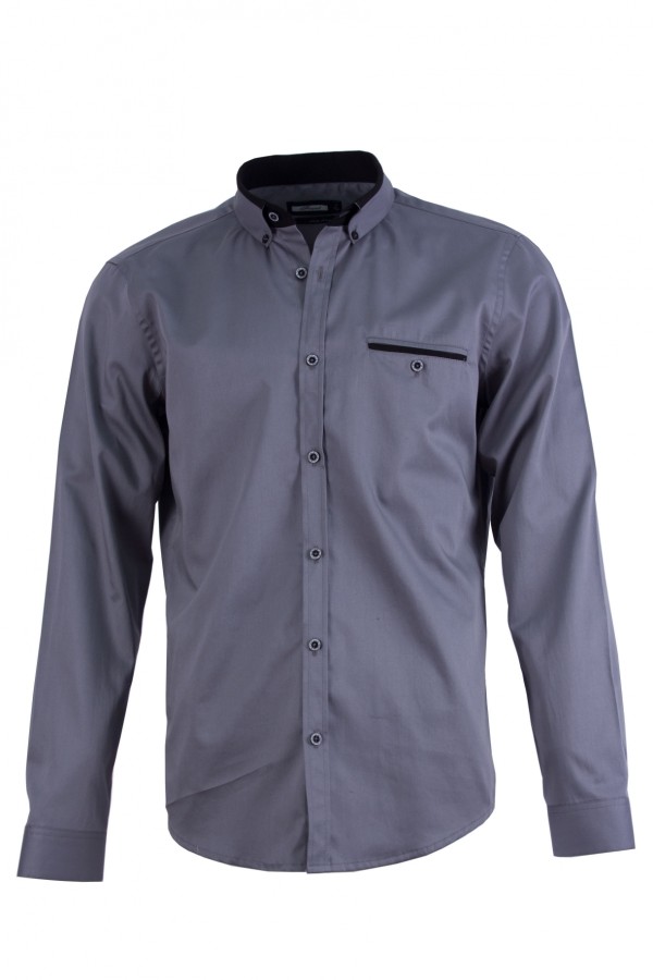 Мъжка риза с контрастен кант на яката и филетка, цвят - сив