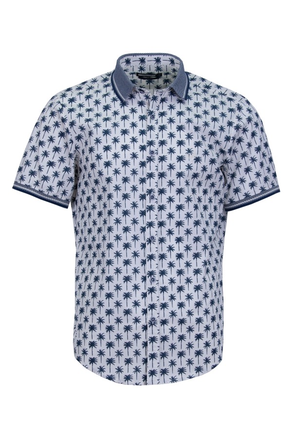 Мъжка риза къс ръкав с плетени детайли ПРИНТ ПАЛМИ 100 % памук SLIM FIT № L Мъжка риза къс ръкав с плетени детайли ПРИНТ ПАЛМИ 100 % памук SLIM FIT № L