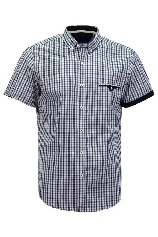 Мъжка риза къс ръкав с детайли от трико КАРЕ ИНДИГО И ТАУПЕ SLIM FIT № M