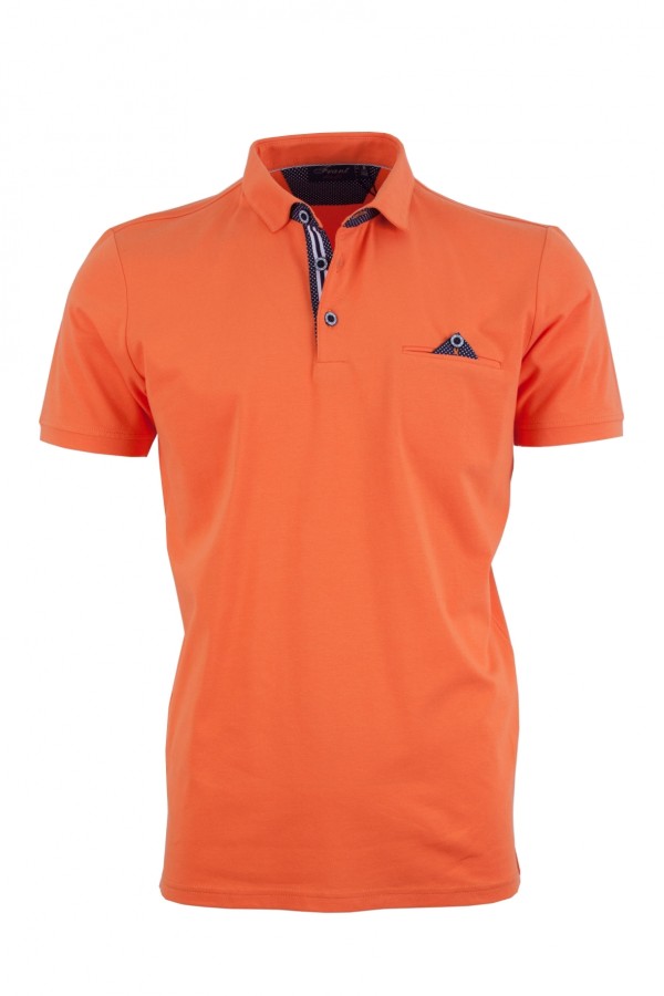 Мъжки polo shirt с детайли от допълнителен плат и джоб тип филетка с копче, цвят - оранж
