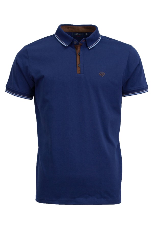 Polo Shirt с плетена яка и детайли от алкантара ТЪМНОСИН 