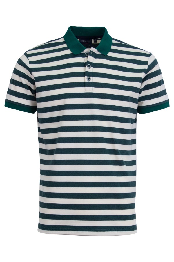 Polo Shirt с плетена яка и маншети РАЙЕ ЗЕЛЕНО И ЕКРЮ 