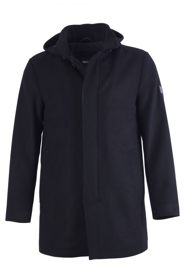 Мъжко палто от вълнен плат с качулка, цвят - черен
