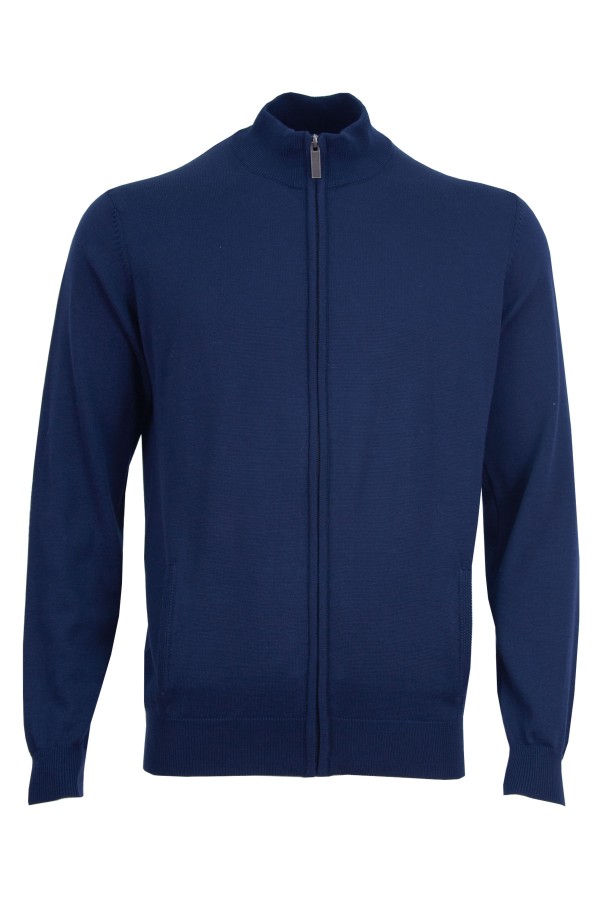 Men's cotton cardigan with zipper, high collar and side pockets, color - navy blue