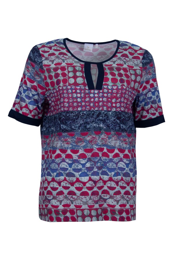 Дамска тениска принт с контрастни детайли ДЕНИМ И ЧЕРВЕНО