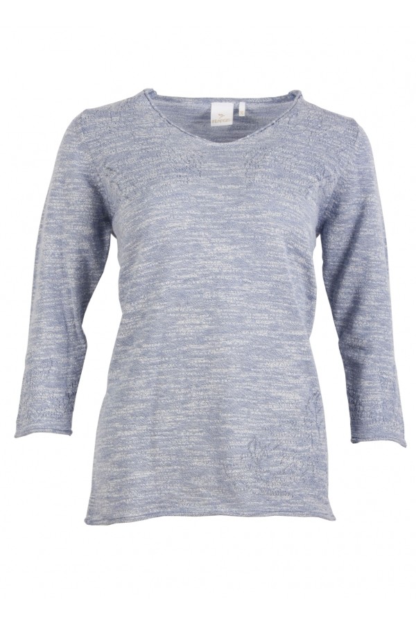 Дамски пуловер V-образно бие с ажурени цветя цвят - светлосин меланж classic line