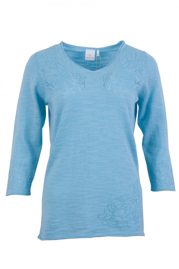 Дамски пуловер V-образно бие с ажурени цветя цвят - аква classic line