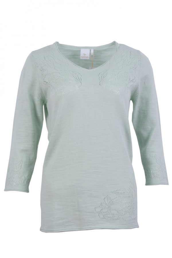 Дамски пуловер V-образно бие с ажурени цветя цвят - бледозелен classic line