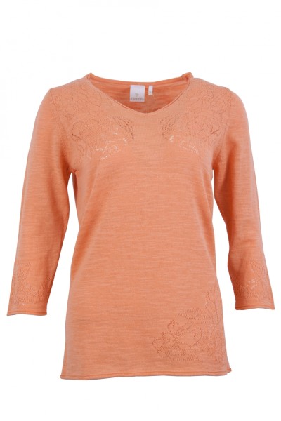 Дамски пуловер V-образно бие с ажурени цветя цвят - праскова classic line