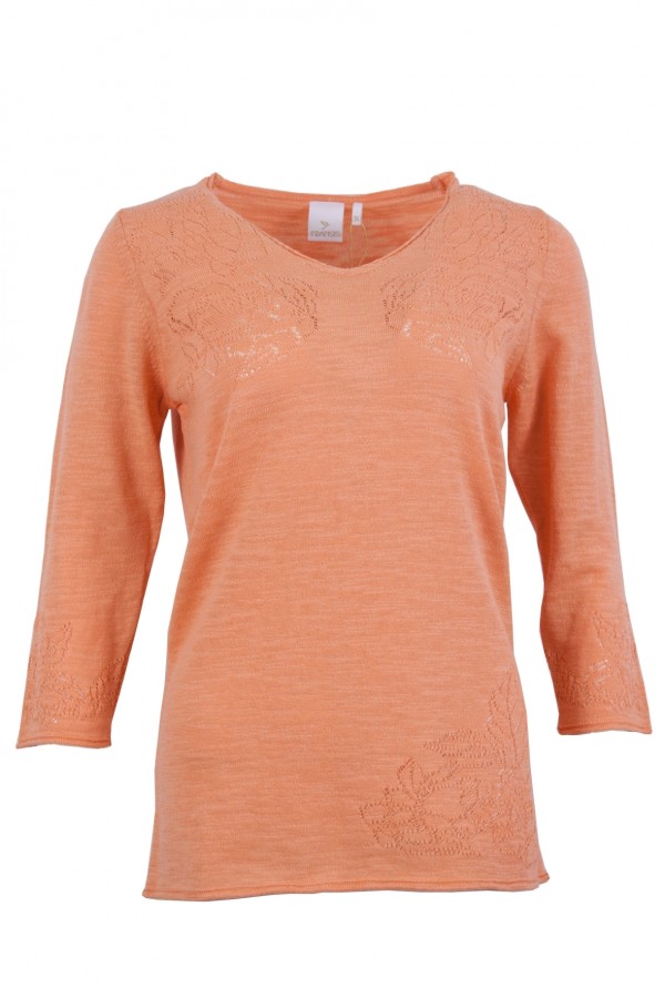 Дамски пуловер V-образно бие с ажурени цветя цвят - праскова classic line