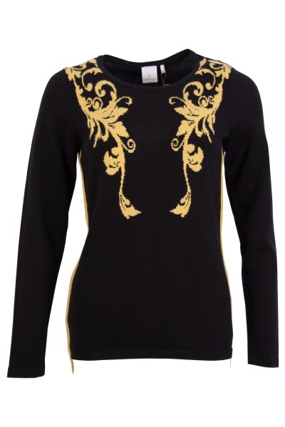 Дамски пуловер с контрасти елементи на предница и страничен кант цвят - черен