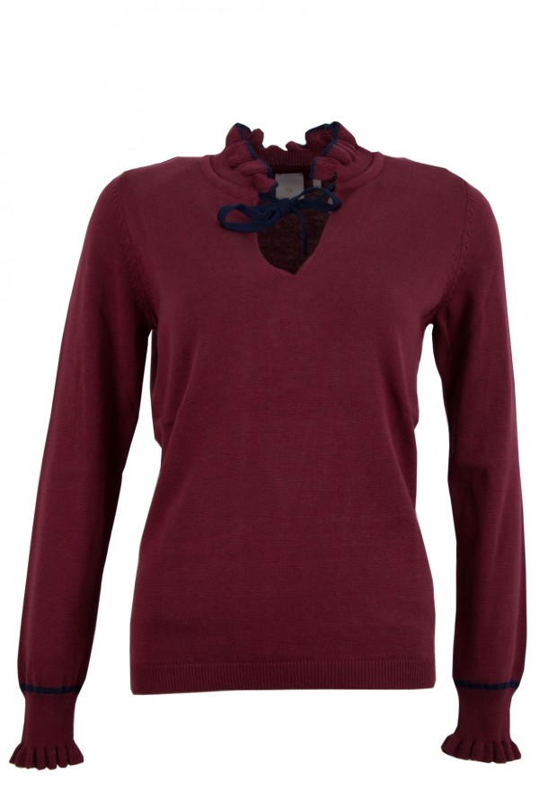 Дамски пуловер с къдричка на бие и ръкави , цвят - вино