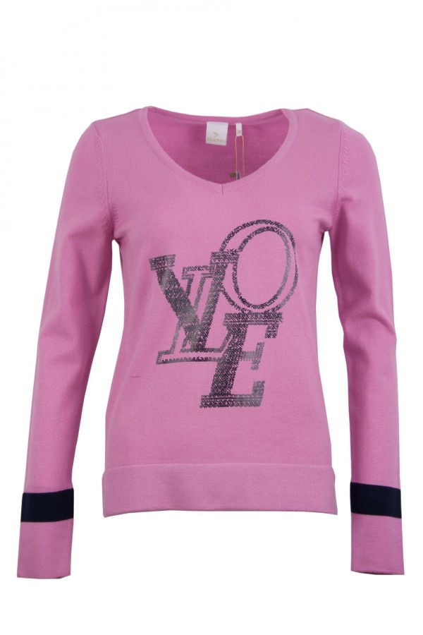 Дамски пуловер V-образно бие с принт, цвят - розов