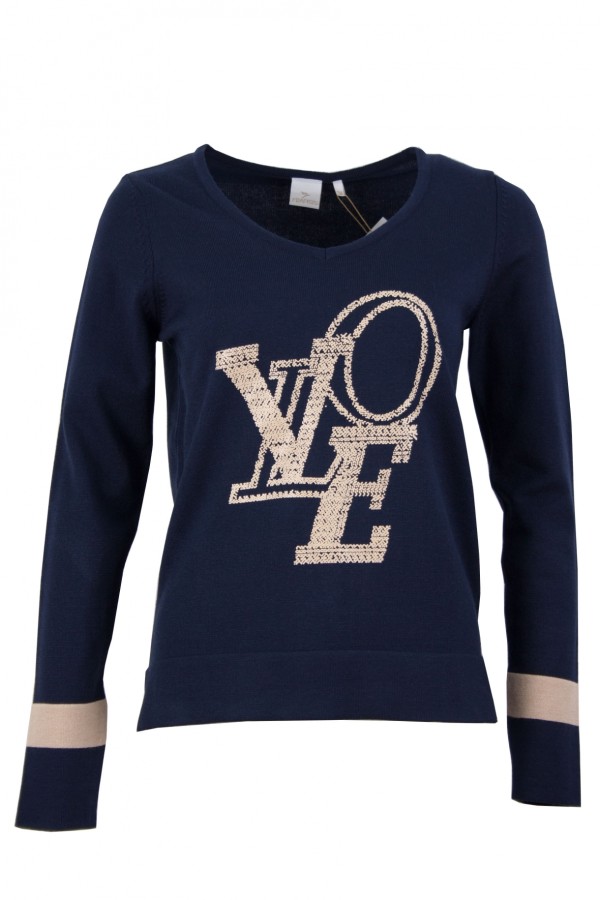 Дамски пуловер V-образно бие с принт, цвят - тъмносин