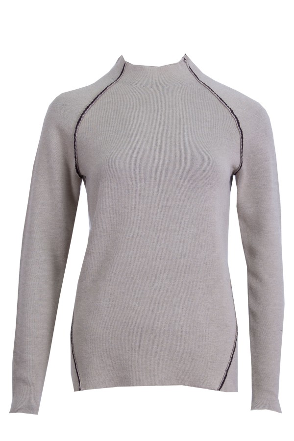 Дамски пуловер с високо бие реглан ръкав НАТУРАЛ /КАФЕ