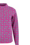 Дамски пуловер с високо бие двуцветен жакард СИВ / ЦИКЛАМА