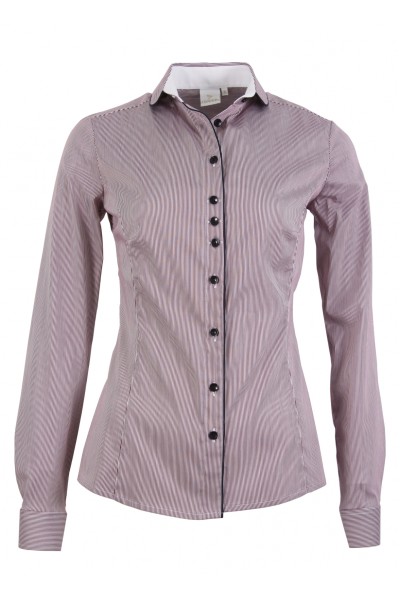Дамска риза с паспел на яка и канон цвят - бордо и бяло ситно райе