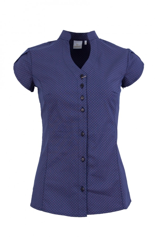 Дамска риза къс ръкав V-образно бие и яка тип столче, цвят - деним принт ( slim line)