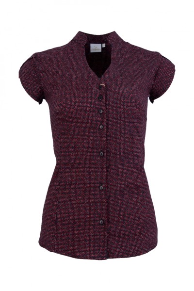 Дамска риза къс ръкав V-образно бие и яка тип столче, цвят - черен с червен принт ( slim line)