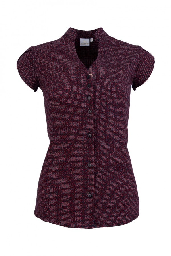 Дамска риза къс ръкав V-образно бие и яка тип столче, цвят - черен с червен принт ( slim line)