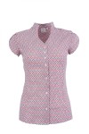 Дамска риза къс ръкав V-образно бие и яка тип столче, цвят - бял трицветен принт ( slim line)