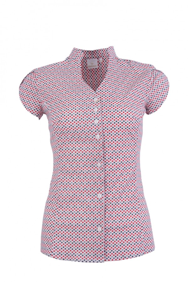 Дамска риза къс ръкав V-образно бие и яка тип столче, цвят - бял трицветен принт ( slim line)