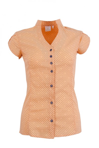 Дамска риза къс ръкав V-образно бие и яка тип столче, цвят - папая принт ( slim line)