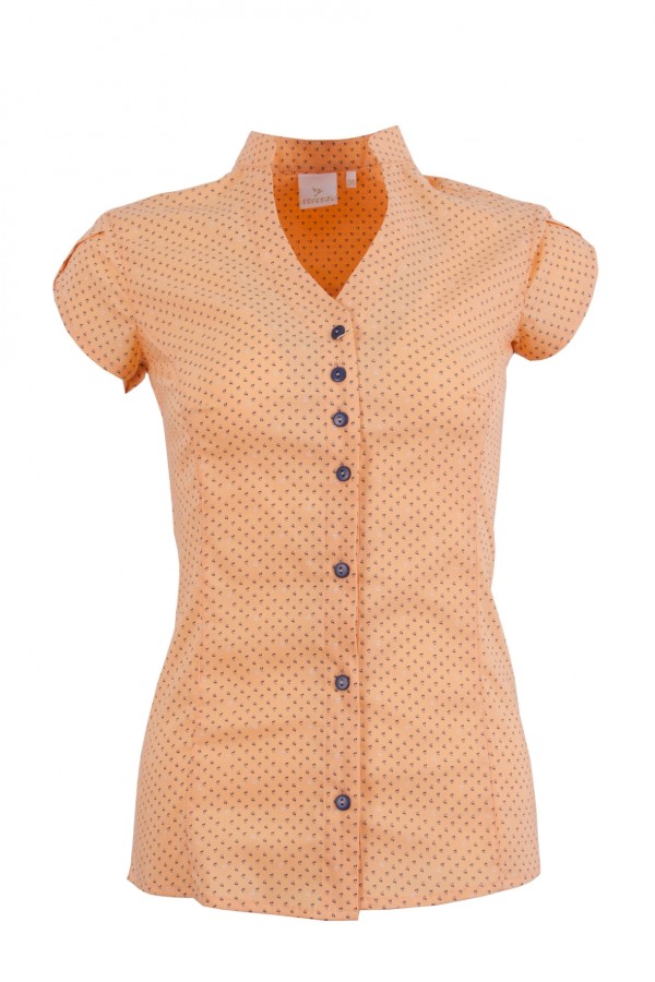 Дамска риза къс ръкав V-образно бие и яка тип столче, цвят - папая принт ( slim line)