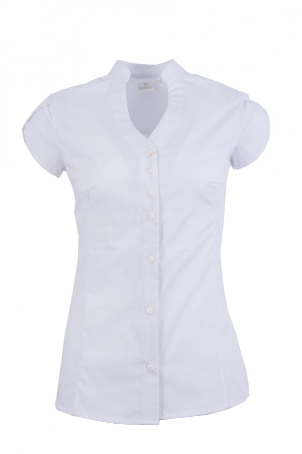 Дамска риза къс ръкав V-образно бие и яка тип столче, цвят - бял ( slim line)