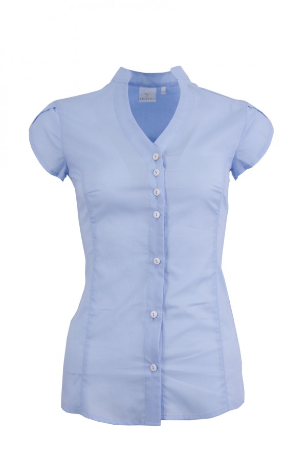 Дамска риза къс ръкав V-образно бие и яка тип столче, цвят - светлосин ( slim line)